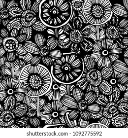 Flower doodle, Floral seamless pattern on black and white background vector.