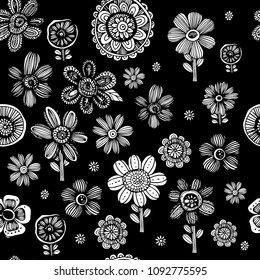 Flower doodle, Floral seamless pattern on black and white background vector.