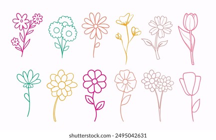 Flower Doodle  Flowers Set. Cute Flower Doodles Isolated on White Background. Flower Bed Illustration