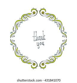 Flower doodle frame. Line vector illustration. Hand drawn circle frame. Card, poster, banner design element. Greetings card, wedding invitation template.