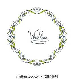 Flower doodle frame. Line vector illustration. Hand drawn circle frame. Card, poster, banner design element. Greetings card, wedding invitation template.