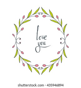 Flower doodle frame. Line vector illustration. Hand drawn circle frame. Card, poster, banner design element. Greetings card, wedding invitation template.