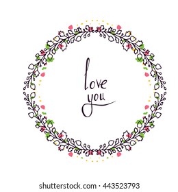 Flower doodle frame. Line vector illustration. Hand drawn circle frame. Card, poster, banner design element. Greetings card, wedding invitation template.