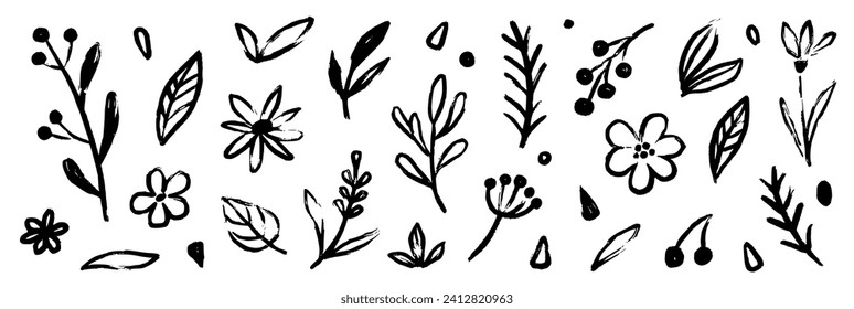 Flower doodle hand drawn line stroke. Sketch hand drawn spring floral plant, nature graphic leaf, scribble grunge brush texture. Vector simple flower, leaf brush stroke. Vector illustration