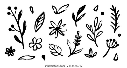 Flower doodle hand drawn line stroke. Sketch hand drawn spring floral plant, nature graphic leaf, scribble grunge brush texture. Vector simple flower, leaf brush stroke. Vector illustration