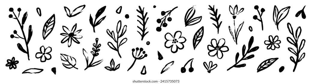 Flower doodle hand drawn line stroke. Sketch hand drawn spring floral plant, nature graphic leaf, scribble grunge brush texture. Vector simple flower, leaf brush stroke. Vector illustration