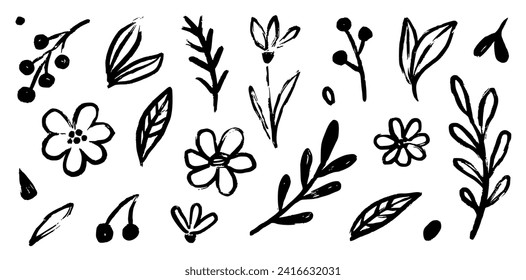 Flower doodle hand drawn line stroke. Sketch hand drawn spring floral plant, nature graphic leaf, scribble grunge brush texture. Vector simple flower, leaf brush stroke. Vector illustration
