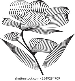 flower doodle icon. Back line isolated on white. One line contour floral drawing. Vector illustration