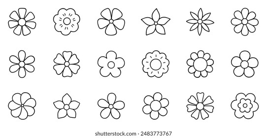 Flower doodle icons set. Floral spring collection in sketch style. Hand drawn vector illustration isolated on white background