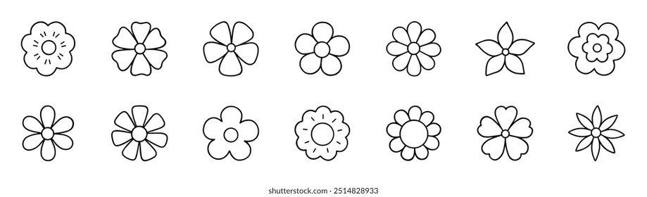 Flower doodle icons set.  Floral spring collection in sketch style. Hand drawn vector illustration isolated on white background