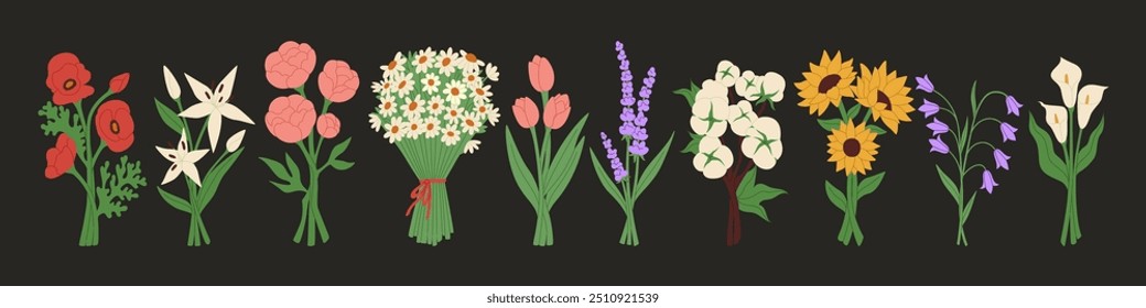 Flower doodle. Lily, tulip and sunflower, spring floral garden. Bouquet design summer birthday present. Wedding nature leaf. Illustration cartoon template. Natural wildflower vector set botanical icon