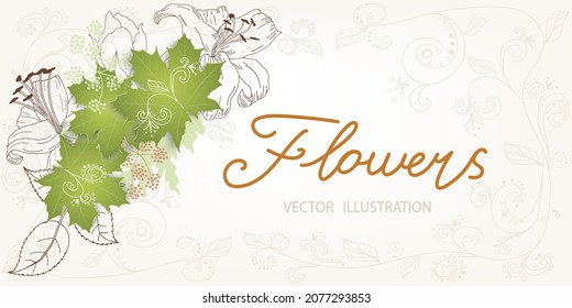 Flower doodle with openwork pattern. Painted lilies, roses, leaves. Elegant card with lace corner decoration. Flower arrangement, on a beige background. Vintage wedding invitation design. Vector 