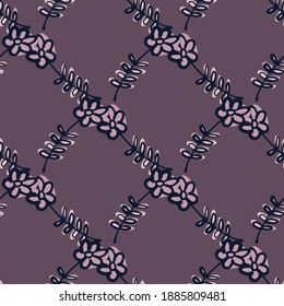 El doodle de flores adorna un patrón impecable en estilo dibujado a mano. Fondo morado. Ilustración bursátil. Diseño vectorial para textiles, tela, giftwrap, papel pintado.