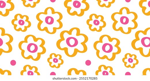 Flower doodle seamless pattern hand drawn colorful. Summer floral cute print cartoon flowers. Natural vector background. Trendy kids endless pattern. Vector illustration