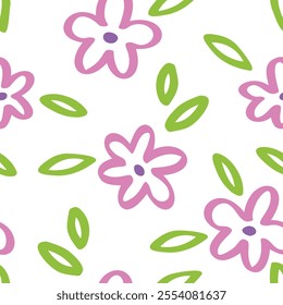 Flower doodle seamless pattern hand drawn colorful. Summer floral cute print cartoon flowers. Natural vector background. Trendy kids endless pattern. Vector illustration