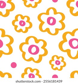 Flower doodle seamless pattern hand drawn colorful. Summer floral cute print cartoon flowers. Natural vector background. Trendy kids endless pattern. Vector illustration