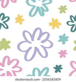 Flower doodle seamless pattern hand drawn colorful. Summer floral cute print cartoon flowers. Natural vector background. Trendy kids endless pattern. Vector illustration