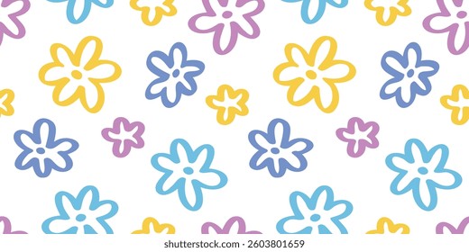 Flower doodle seamless pattern hand drawn colorful. Summer floral cute print cartoon flowers. Natural vector background. Trendy kids endless pattern. Vector illustration