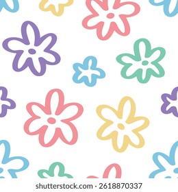 Flower doodle seamless pattern hand drawn colorful. Summer floral cute print cartoon flowers. Natural vector background. Trendy kids endless pattern. Vector illustration