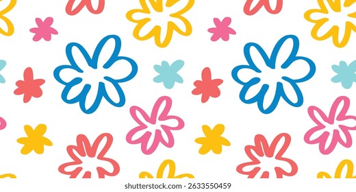 Flower doodle seamless pattern hand drawn colorful. Summer floral cute print cartoon flowers. Natural vector background. Trendy kids endless pattern. Vector illustration