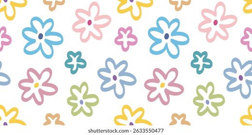 Flower doodle seamless pattern hand drawn colorful. Summer floral cute print cartoon flowers. Natural vector background. Trendy kids endless pattern. Vector illustration