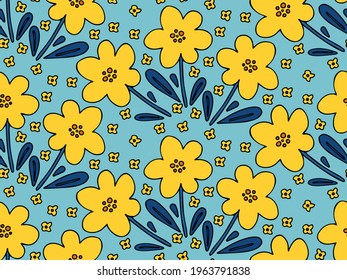 Flower doodle seamless pattern vector background. Simple childish naive hand drawn floral backdrop. Yellow Daffodil cartoon flowers with black ink outline on blue. Vector illustration. Textile design