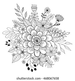 Flower Doodle Vector, Coloring page with doodle flowers vector