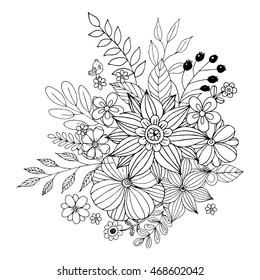 Flower Doodle Vector, Coloring page with doodle flowers vector