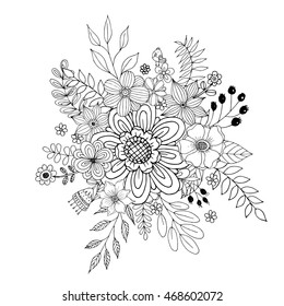 Flower Doodle Vector, Coloring page with doodle flowers vector