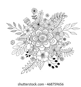 Flower Doodle Vector, Coloring page with doodle flowers vector