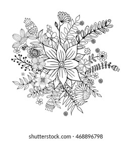 Flower Doodle Vector, Coloring page with doodle flowers vector