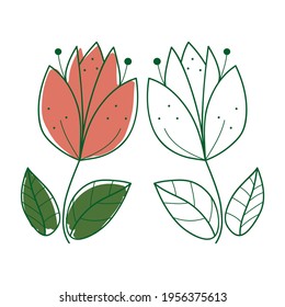 Flower doodle vector illustration set of two types with colour and without on white background