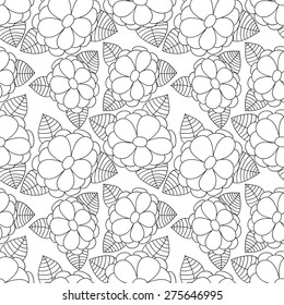 Flower doodle vector seamless pattern. Flower and leaves black and white background