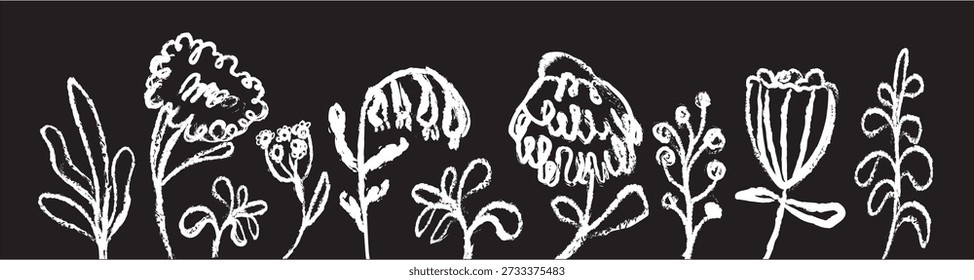  Flower doodles. Abstract elements of botanical design drawn with pencil and chalk on a blackboard, whiteboard. Flower, leafy plant, grassy branches, sketches, and doodles. 