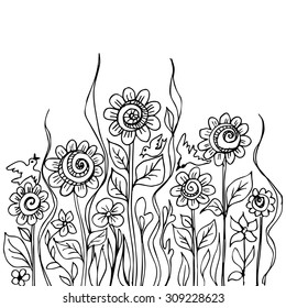 Flower doodles black ink on white background