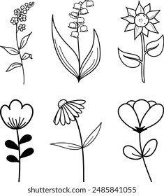 Blumen-Kritzeleien, Vektorillustration, Schwarz auf durchsichtigem Hintergrund