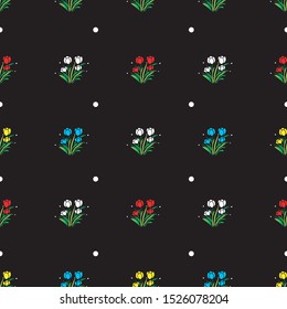 flower and dots on black dark background seamless pattern, vector eps.