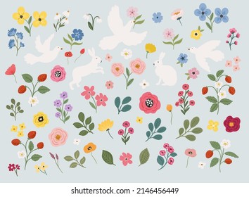 Flower, dove bird, bunny rabbits spring vector illustration clipart set of hand drawn  style elements isolated on background. Spring and summer meadow flowers for cards, banners, flyer design