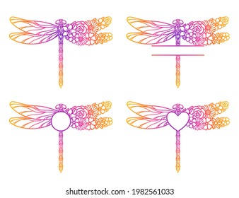 Flower dragonfly monogram. Decorative insect silhouette. Template for laser and paper cutting, printing on a T-shirt, mug. Flat style. Hand drawn decorative element for your design. Isolated on white.