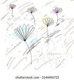 flower drawing with black ink with colorful line on white background