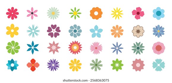 Flower drawing colorful clipart set. Spring multicolored flowers clip art collection like jasmine, poppy, crocus and daisy flat elements decoration. Vector illustration floral colorful icon.   
