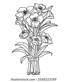 Flower drawing for coloring book. Minimalist vector design with thick black lines. Blooming flowers, one stalk, one bunch of cherry blossoms