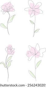 Flower drawing mono line. Continuous line icon on white background. Minimal tropical floral style. Vector abstract doodle style minimalism plant flower leaf sketches one line art drawing illustration