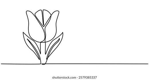 Flower drawing mono line. Continuous line icon on white background, Tulip Web Banner with Continuous Line Icon, Flower drawing mono. Continuous line icon on white background, A simple black.