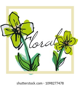 Flower Drawing in Water Color and Frame, Vector Illustration, Colorful, Flower Blossom