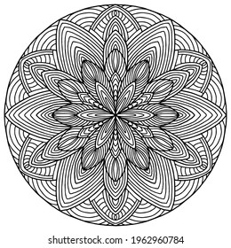 flower drawn with linear ornaments forming a folk style mandala on a white background for coloring, vector
