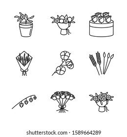 Flower, And Dried Flowers Line Icon Set. Physalis Peruviana Flowerpot, Lavender, Cotton Branch, Rye, Bunny Tail, Fruit Bouquet, Roses. For Floristic Shope Web Design And Printed Materials