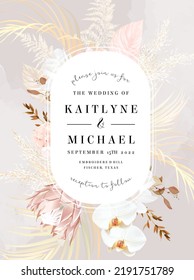 Flower And Dried Plants Vector Design Round Frame. Wedding Watercolor Flowers. Ivory White Magnolia, Protea, Orchid, Dried Palm Leaf, Beige Fern, Pampas Grass Card. Elements Are Isolated And Editable