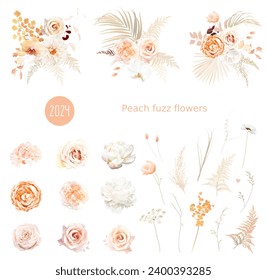 Flower and dried plants vector design big set. Wedding watercolor flowers. White peony, peachy roses, dried palm leaves, orchid, hydrangea, lagarus, blush rose. Elements are isolated and editable