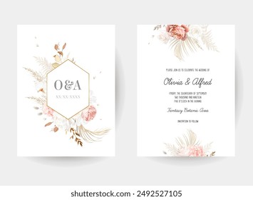 Flower and dried plants vector design frames. Wedding watercolor flowers. Magnolia, brown rose, white orchid, dried palm leaves, peony, pink hydrangea cards. All elements are isolated and editable